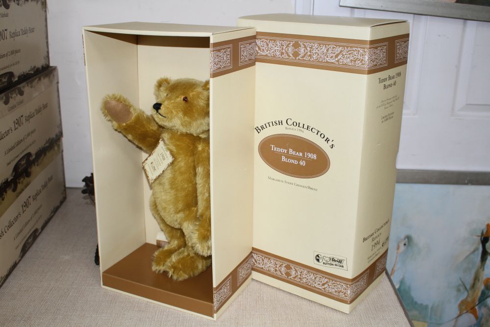 Four limited edition Steiff teddy bears; Teddy Bear 1908 Blond 40, 1911 Replica, Teddy Bear brown tipped 35 1995 and Teddy Bear 1908 Bl